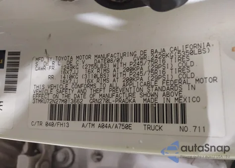 2007 Toyota Tacoma Prerunner V6 z USA, uszkodzony, nr VIN 3TMKU72N27M013662